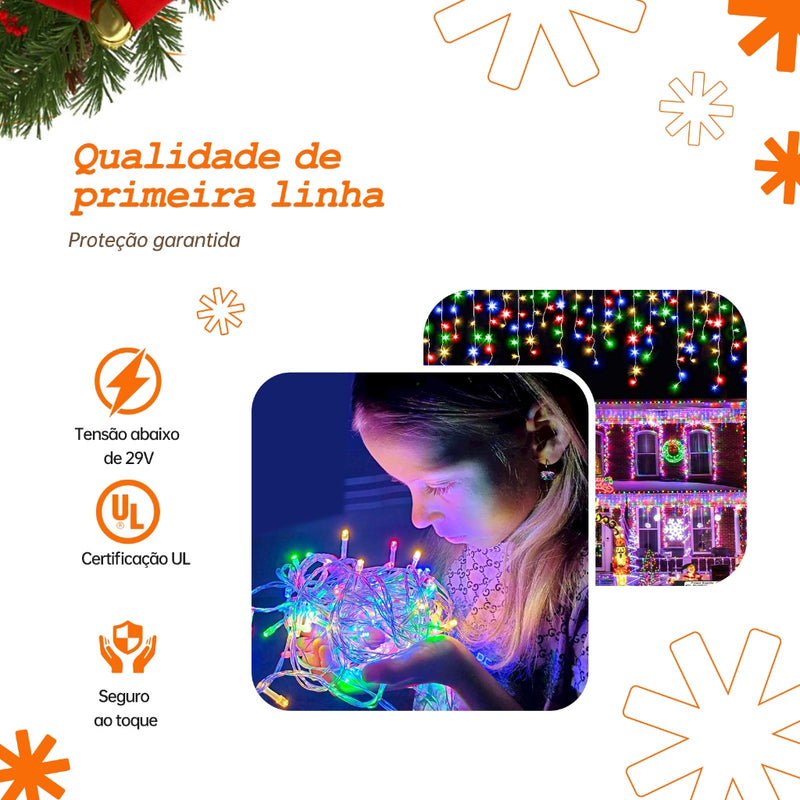 10m Cascata 400 Led 8 Funções Decoração Natal 110v 220v conexão macho Branco Frio Quente Pisca Pisca Enfeites de Natal