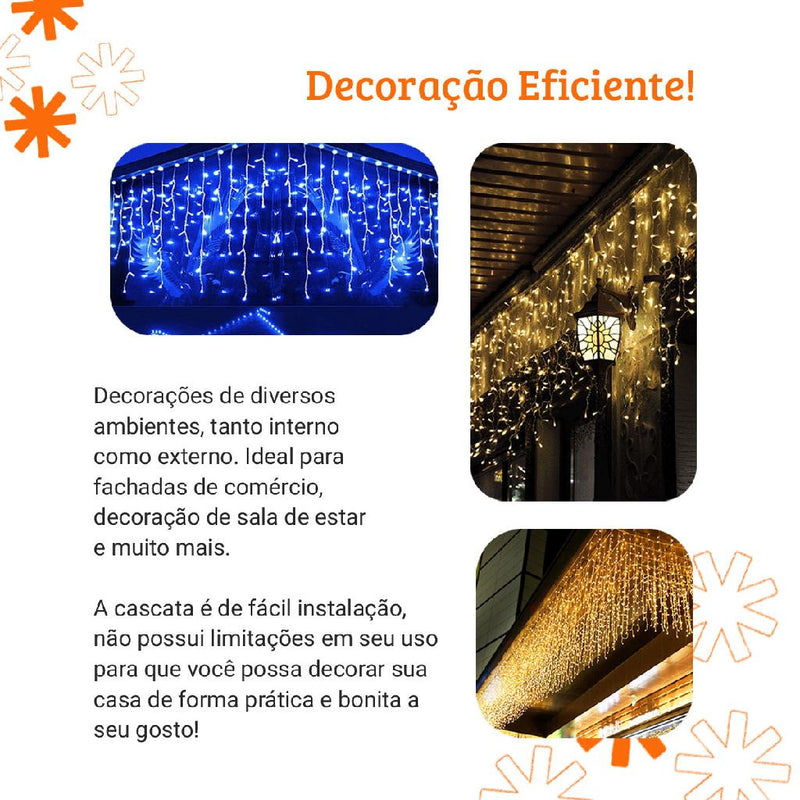 10m Cascata 400 Led 8 Funções Decoração Natal 110v 220v conexão macho Branco Frio Quente Pisca Pisca Enfeites de Natal