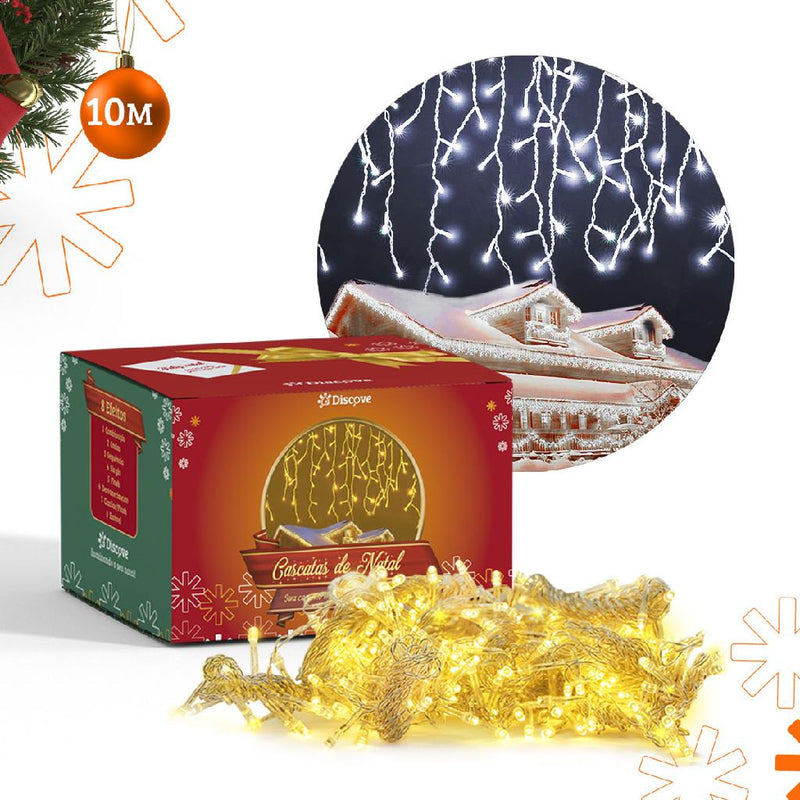 10m Cascata 400 Led 8 Funções Decoração Natal 110v 220v conexão macho Branco Frio Quente Pisca Pisca Enfeites de Natal