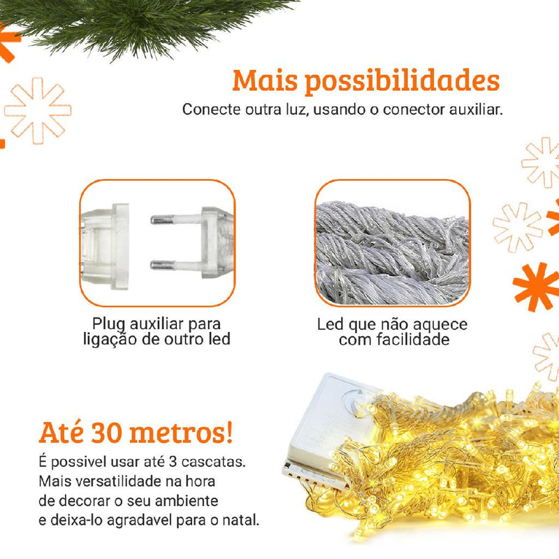 10m Cascata 400 Led 8 Funções Decoração Natal 110v 220v conexão macho Branco Frio Quente Pisca Pisca Enfeites de Natal