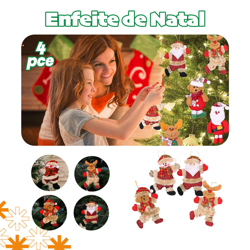 Kit 4 enfeites de natal boneco papai noel rena decoração para árvore natalino boneco de neve ursinho