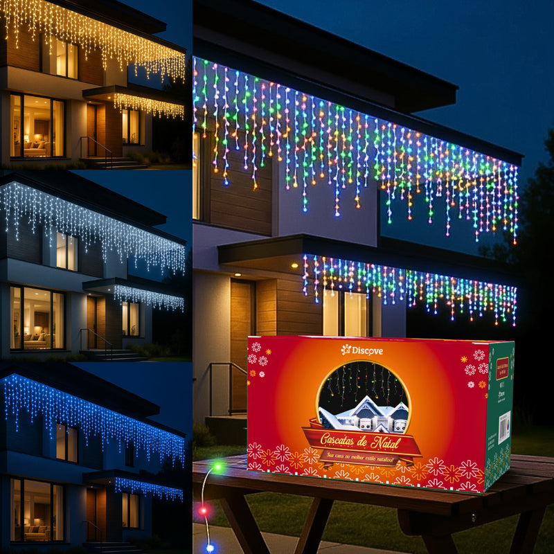 10m Cascata 400 Led 8 Funções Decoração Natal 110v 220v conexão macho Branco Frio Quente Pisca Pisca Enfeites de Natal