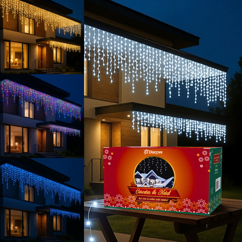10m Cascata 400 Led 8 Funções Decoração Natal 110v 220v conexão macho Branco Frio Quente Pisca Pisca Enfeites de Natal
